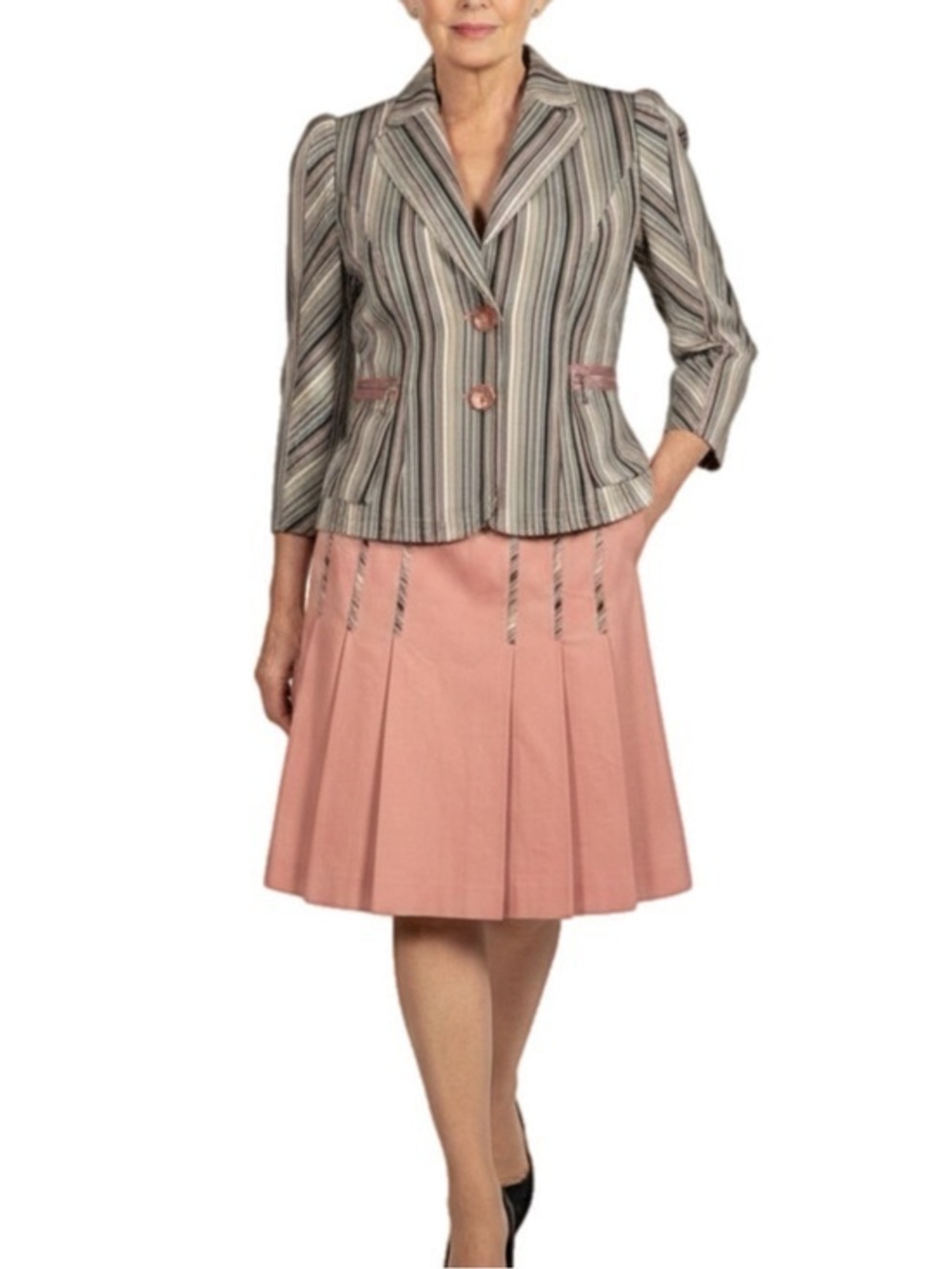 Phoebe Couture | Pleated & Stripes Peach Grey Skirt & Jacket Matching Suit